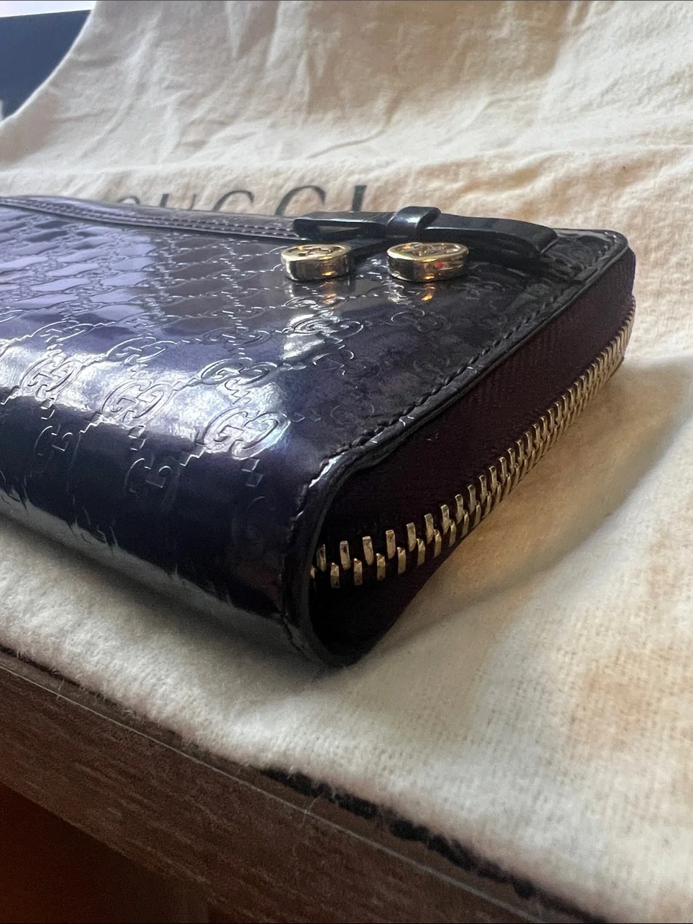 Gucci Purple Patent Leather Continental Zip Wallet with Gold Heart Pulls